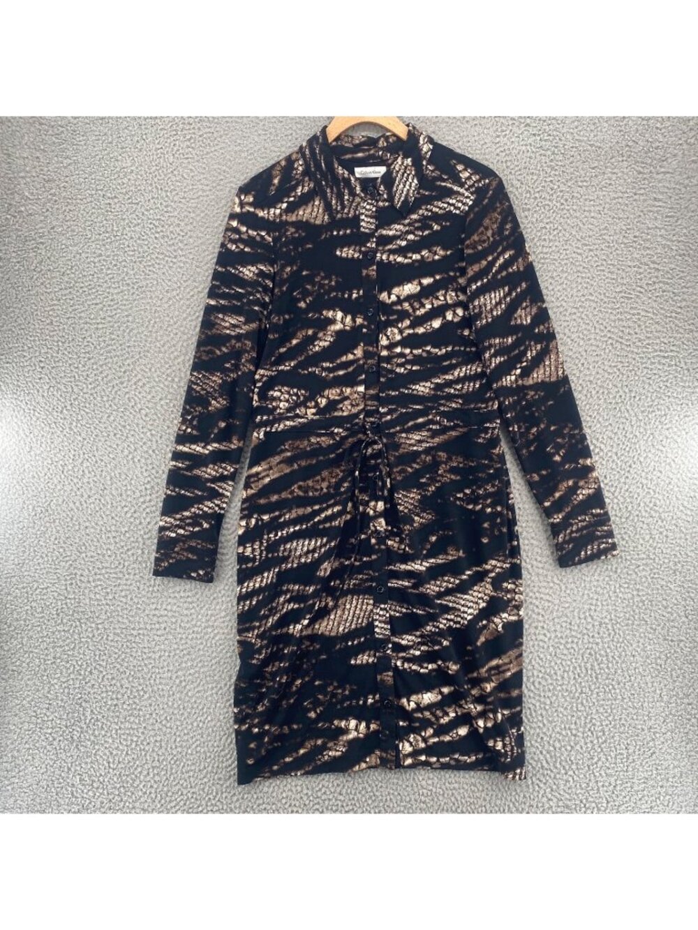 Calvin Klein Dress Womens 8 Brown Animal Print Shirt Jersey Collared Long Sleeve
